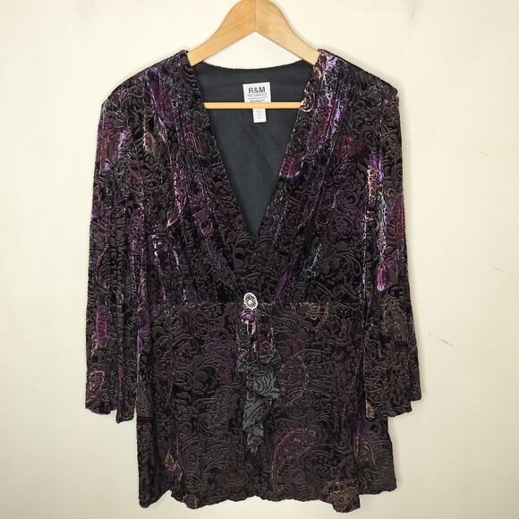 R&M Richards Velvet Floral Paisley Burnout Top Rhinestone Goth Whimsy - Picture 1 of 12